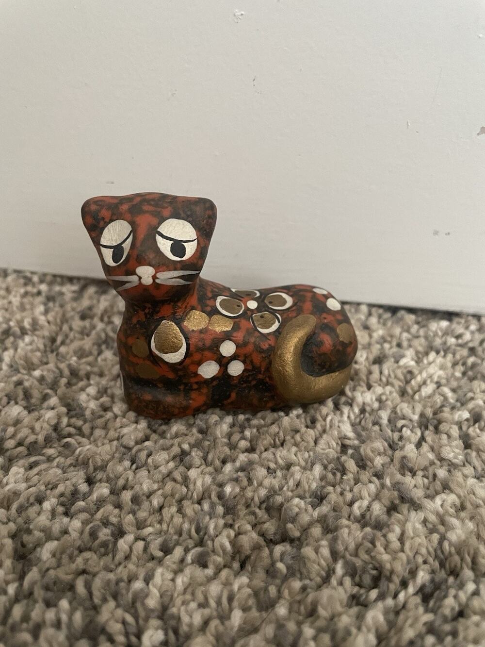 Vintage Tonala Cat Mexico Pottery Floral Orange Gold